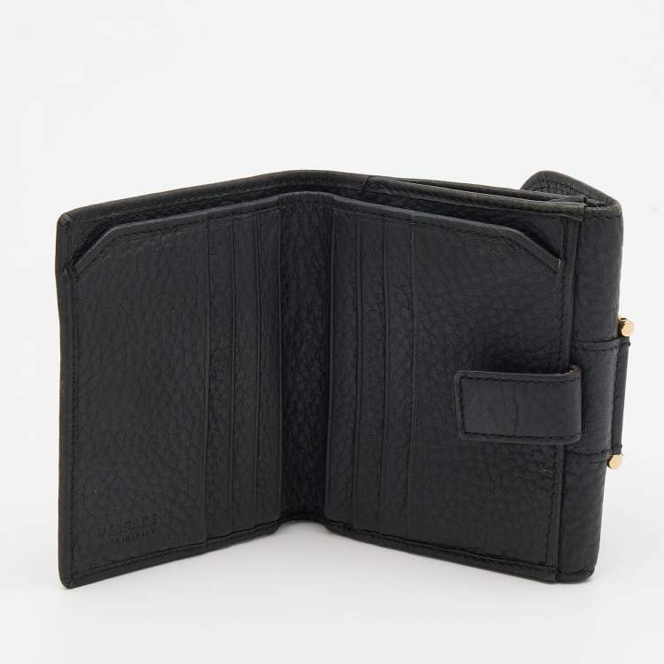 Pre Owned Versace Black Leather French Compact Wallet