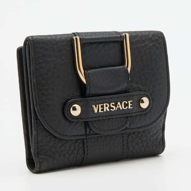 Pre Owned Versace Black Leather French Compact Wallet