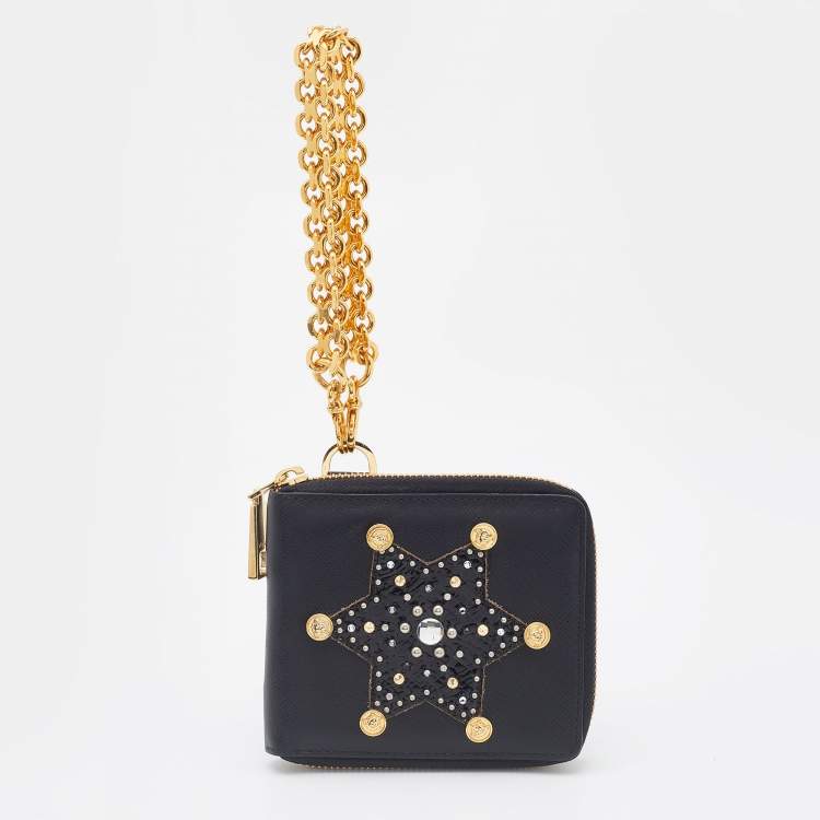 مملوكة مسبقًا Versace Black Leather Embellished Zip Around Bifold Wallet