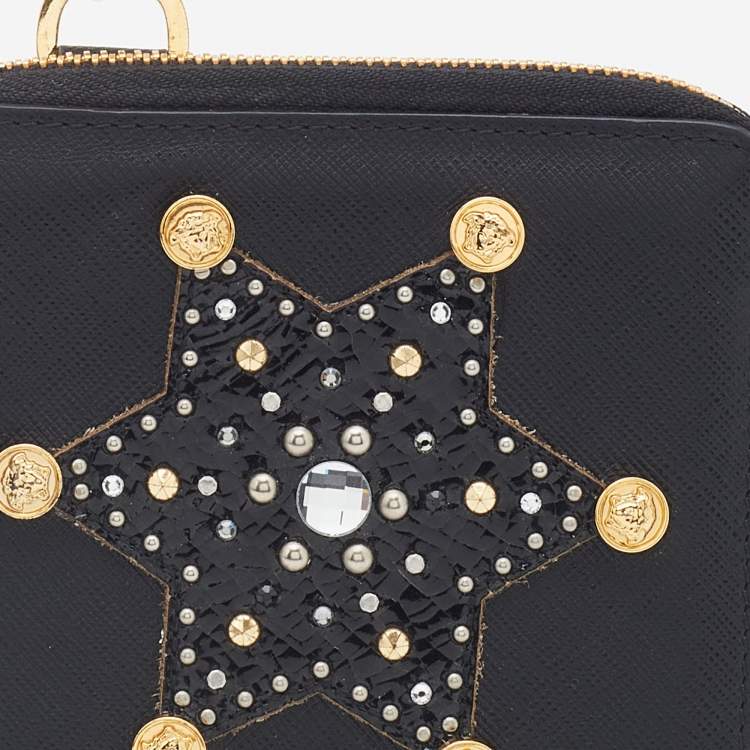 مملوكة مسبقًا Versace Black Leather Embellished Zip Around Bifold Wallet