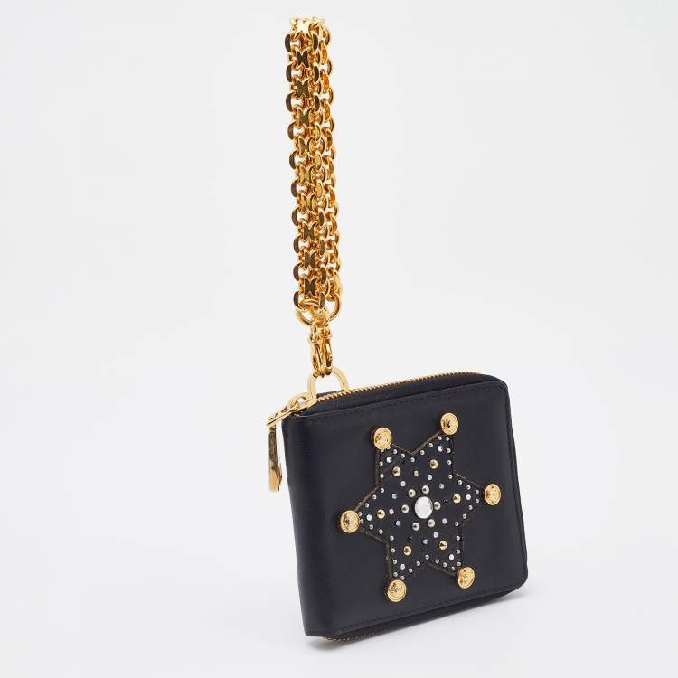 مملوكة مسبقًا Versace Black Leather Embellished Zip Around Bifold Wallet