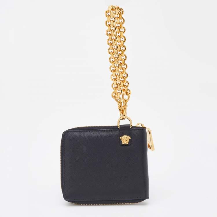 مملوكة مسبقًا Versace Black Leather Embellished Zip Around Bifold Wallet