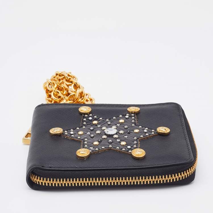 مملوكة مسبقًا Versace Black Leather Embellished Zip Around Bifold Wallet