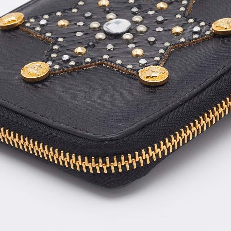 مملوكة مسبقًا Versace Black Leather Embellished Zip Around Bifold Wallet