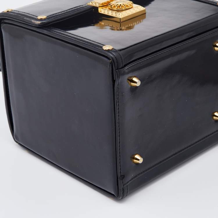 Pre Owned Versace Black Leather Vintage Sun Vanity Box Trunk Handle Bag