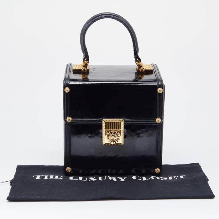 Pre Owned Versace Black Leather Vintage Sun Vanity Box Trunk Handle Bag