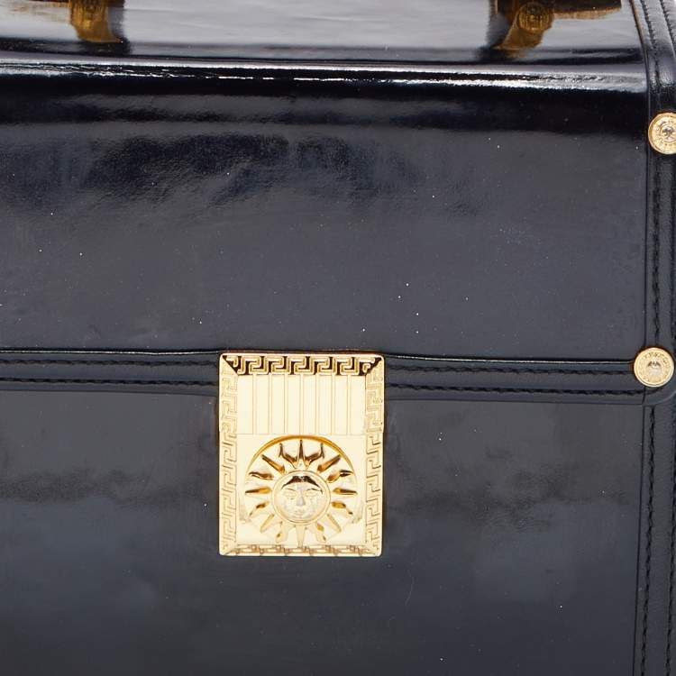 Pre Owned Versace Black Leather Vintage Sun Vanity Box Trunk Handle Bag