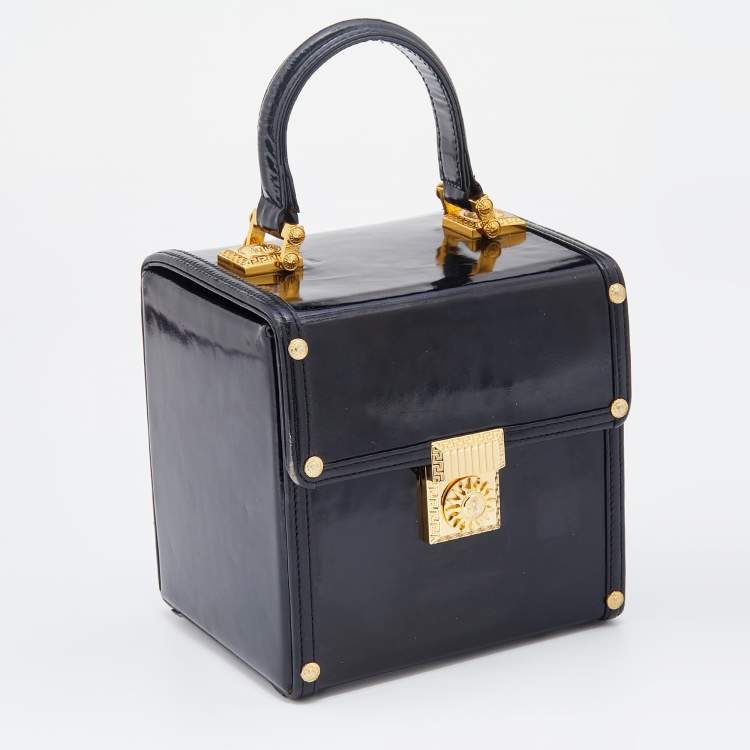 Pre Owned Versace Black Leather Vintage Sun Vanity Box Trunk Handle Bag