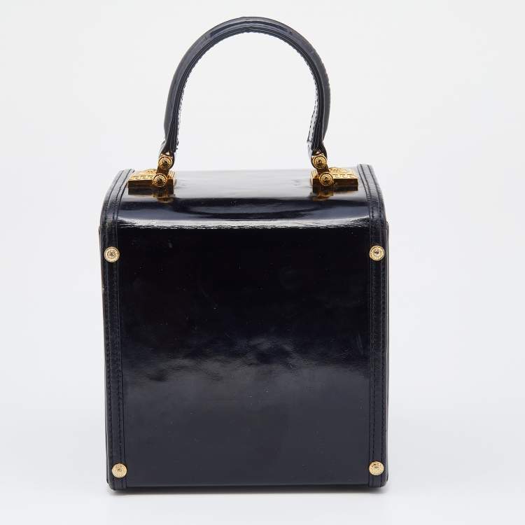 Pre Owned Versace Black Leather Vintage Sun Vanity Box Trunk Handle Bag
