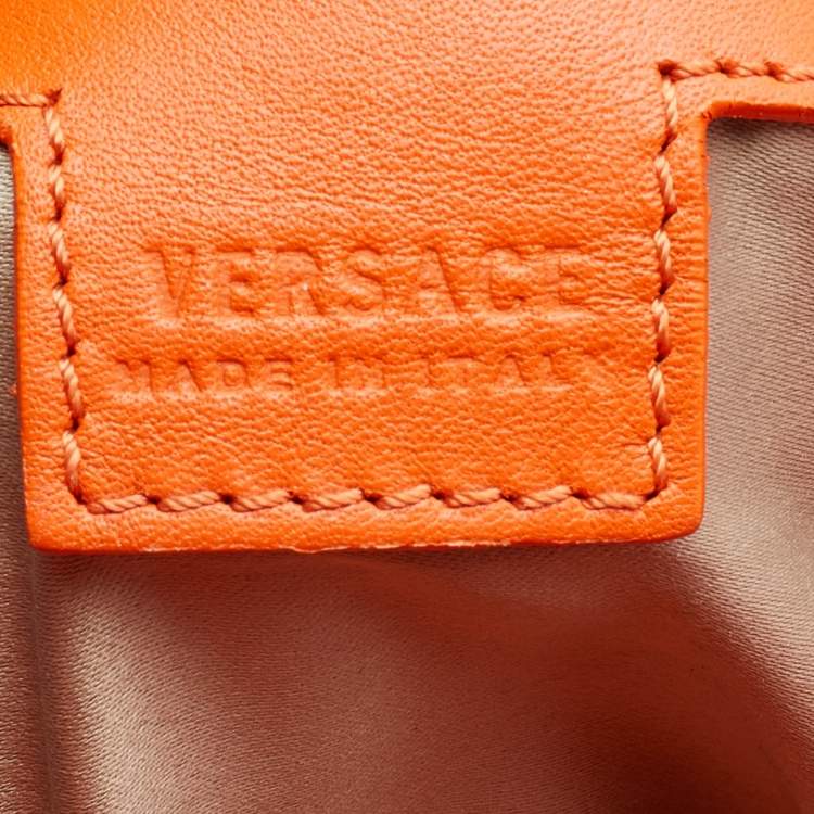 Pre Owned Versace Orange Leather Medusa Logo Braided Handle Hobo