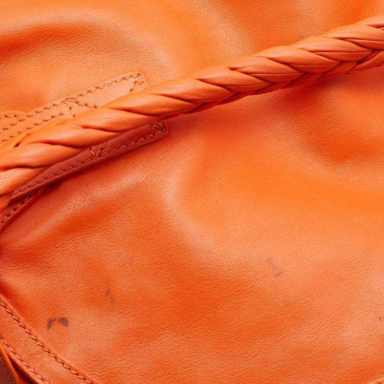 Pre Owned Versace Orange Leather Medusa Logo Braided Handle Hobo