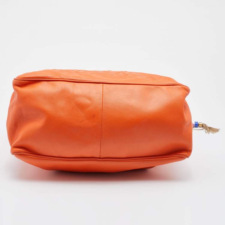 Pre Owned Versace Orange Leather Medusa Logo Braided Handle Hobo