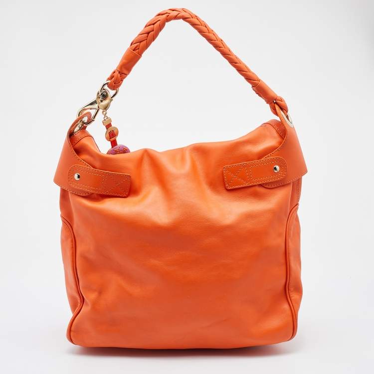 Pre Owned Versace Orange Leather Medusa Logo Braided Handle Hobo