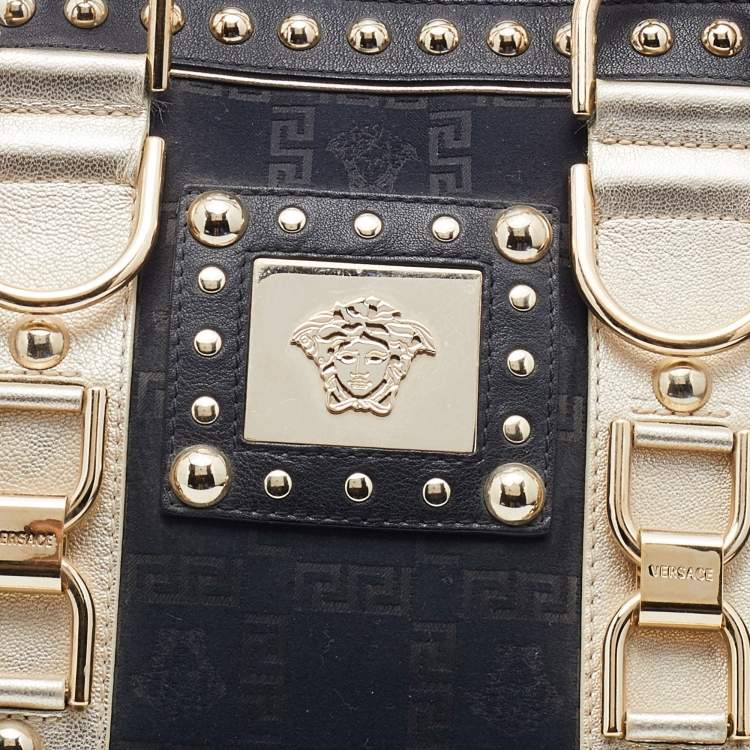 Pre Owned Versace Black/Gold Signature Fabric and Leather Studded Snap Out Of It Satchel