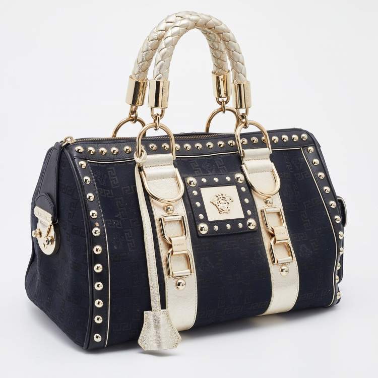 Pre Owned Versace Black/Gold Signature Fabric and Leather Studded Snap Out Of It Satchel