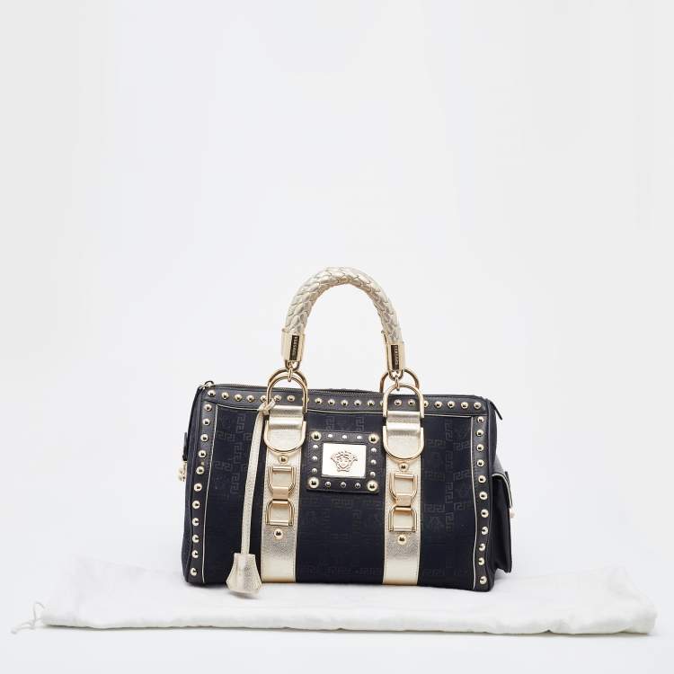 Pre Owned Versace Black/Gold Signature Fabric and Leather Studded Snap Out Of It Satchel
