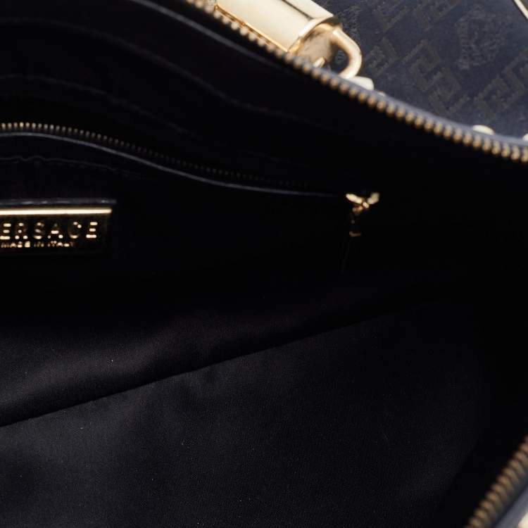 Pre Owned Versace Black/Gold Signature Fabric and Leather Studded Snap Out Of It Satchel
