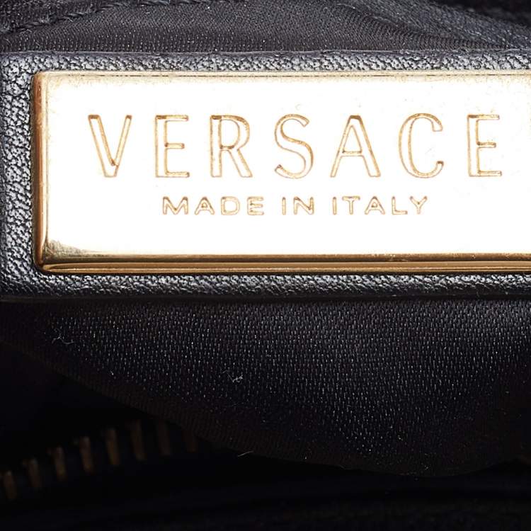 Pre Owned Versace Black/Gold Signature Fabric and Leather Studded Snap Out Of It Satchel