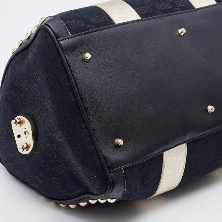 Pre Owned Versace Black/Gold Signature Fabric and Leather Studded Snap Out Of It Satchel