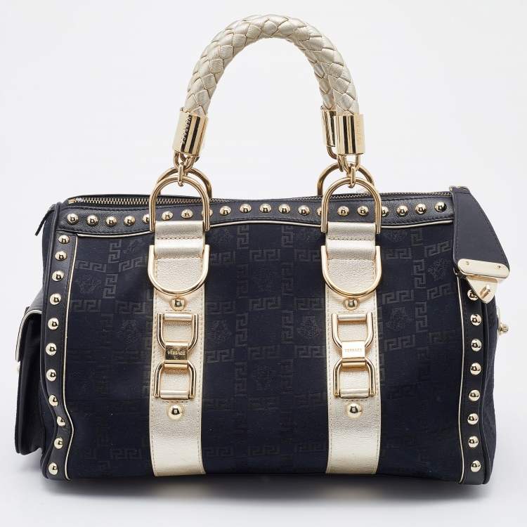 Pre Owned Versace Black/Gold Signature Fabric and Leather Studded Snap Out Of It Satchel