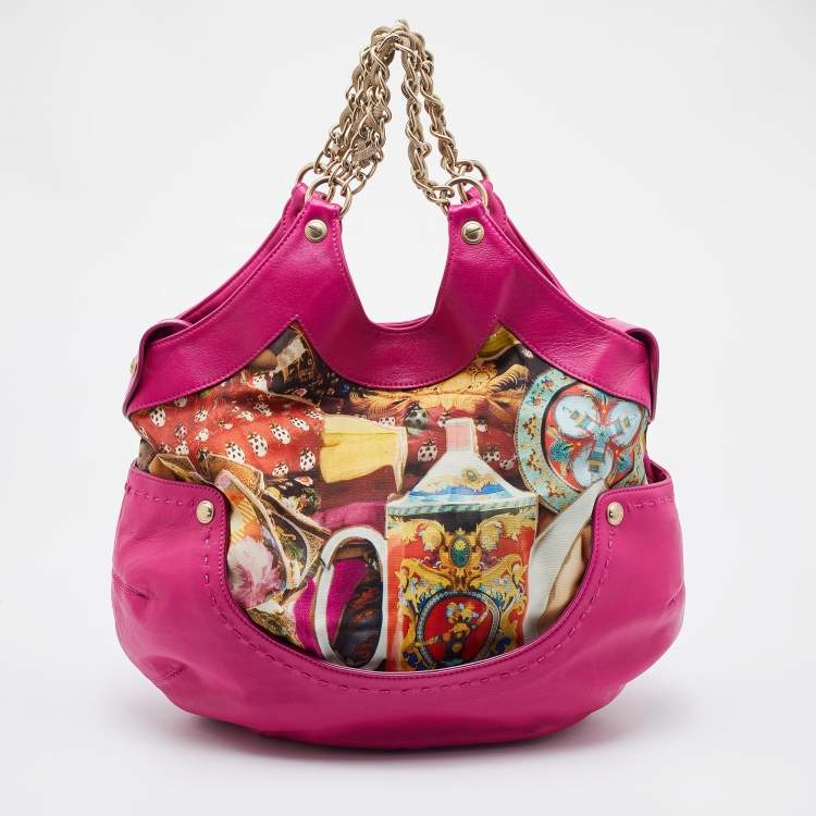 Pre Owned Versace Multicolor Printed Fabric and Leather Chain Shoulder Bag
