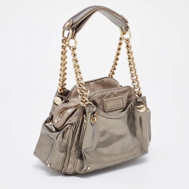 Pre Owned Versace Metallic Patent Leather Chain Link Satchel