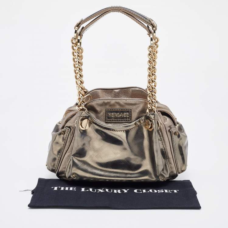 Pre Owned Versace Metallic Patent Leather Chain Link Satchel