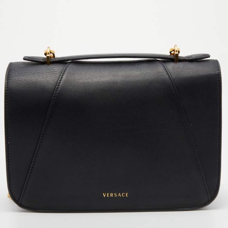 Pre Owned Versace Black Leather Small Virtus Flap Top Handle Bag