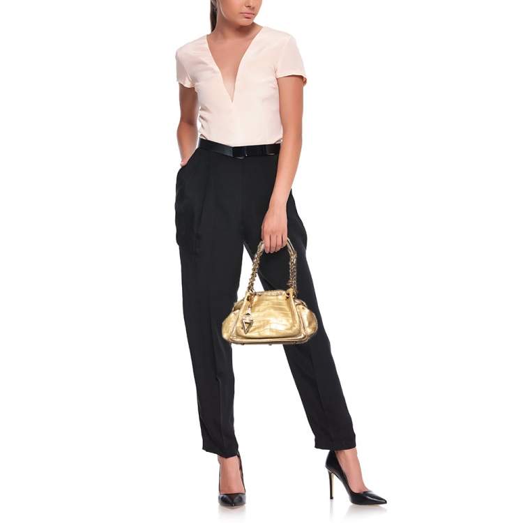 Pre Owned Versace Metallic Gold Croc Embossed Leather Chain Satchel