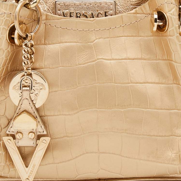 Pre Owned Versace Metallic Gold Croc Embossed Leather Chain Satchel