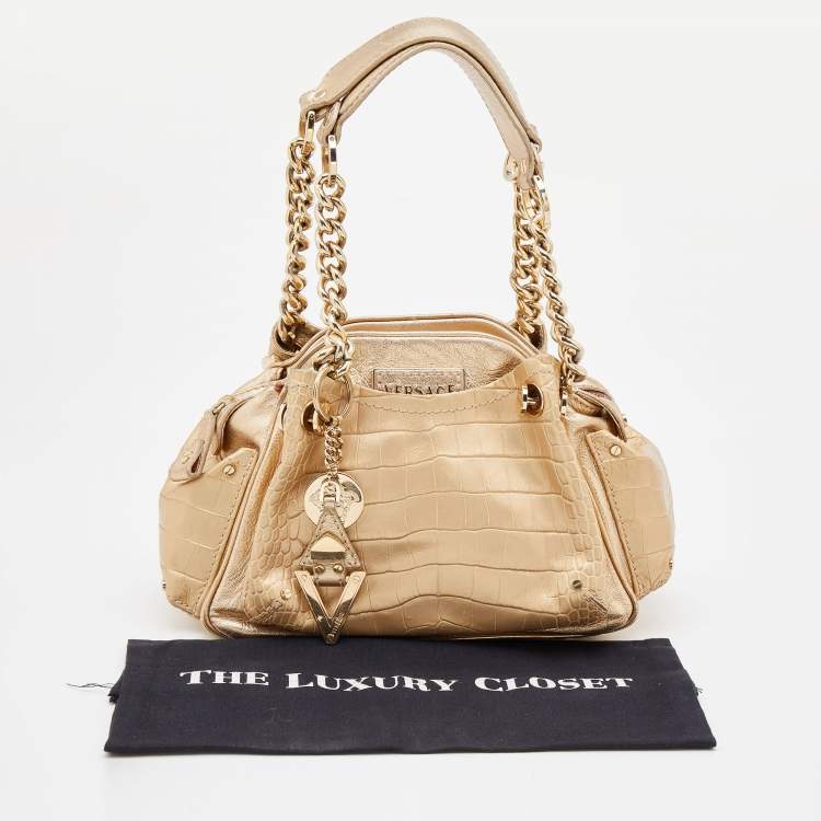 Pre Owned Versace Metallic Gold Croc Embossed Leather Chain Satchel