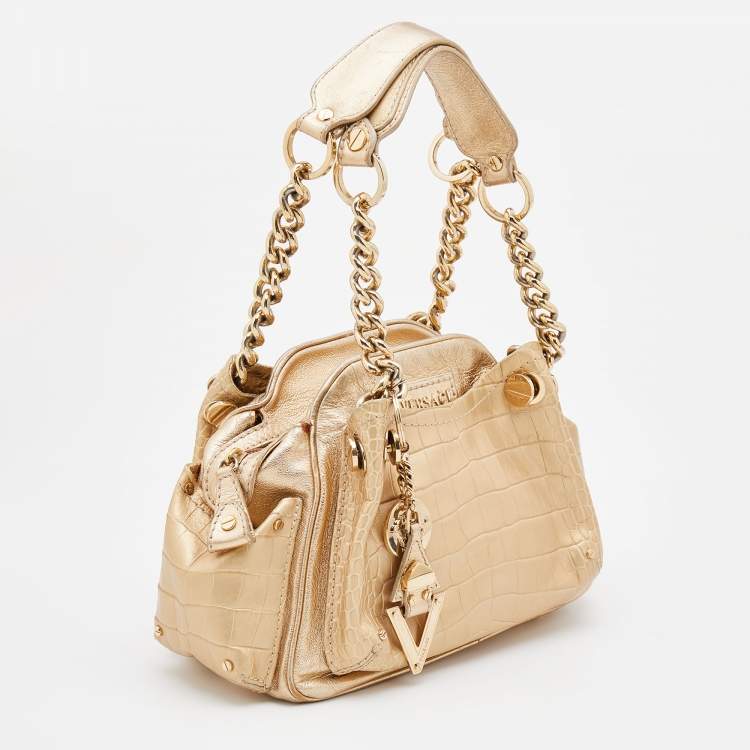 Pre Owned Versace Metallic Gold Croc Embossed Leather Chain Satchel