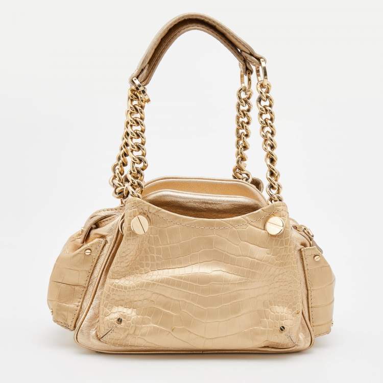 Pre Owned Versace Metallic Gold Croc Embossed Leather Chain Satchel