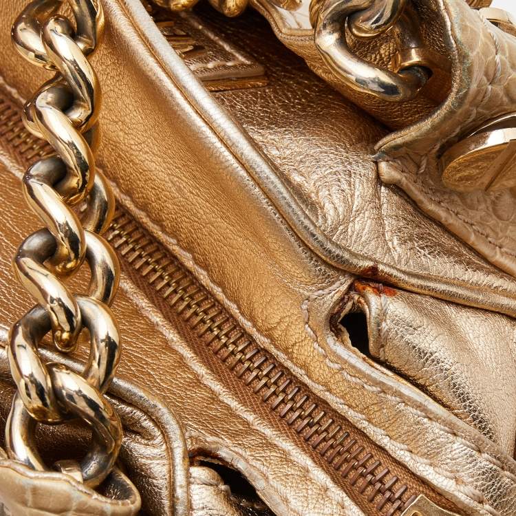 Pre Owned Versace Metallic Gold Croc Embossed Leather Chain Satchel