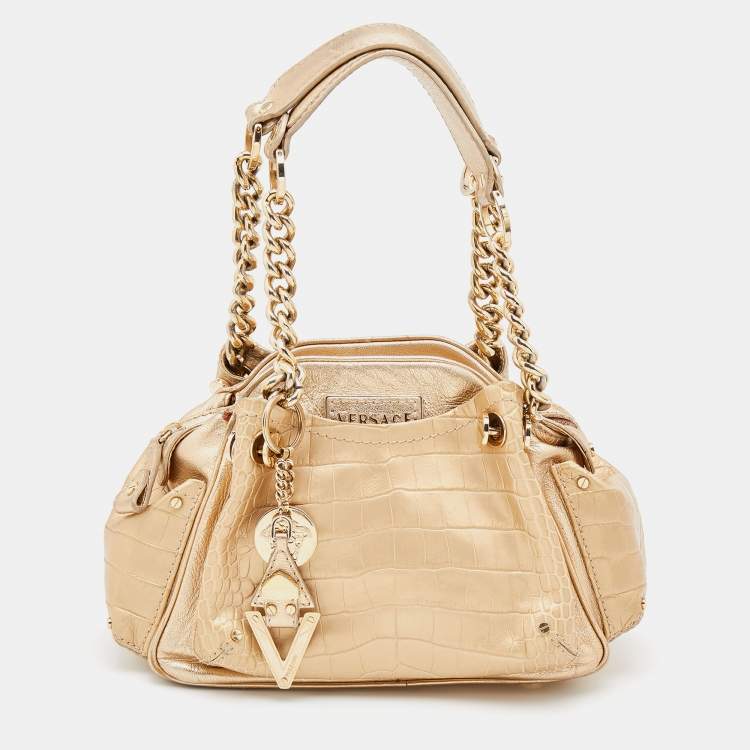 Pre Owned Versace Metallic Gold Croc Embossed Leather Chain Satchel