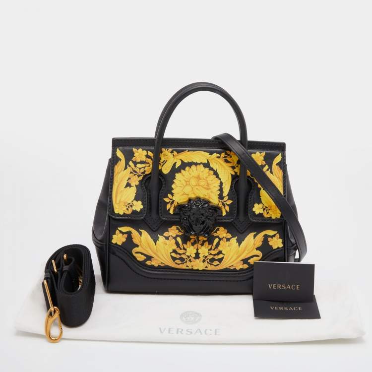 Pre Owned Versace Black/Yellow Baroque Print Leather Palazzo Empire Satchel