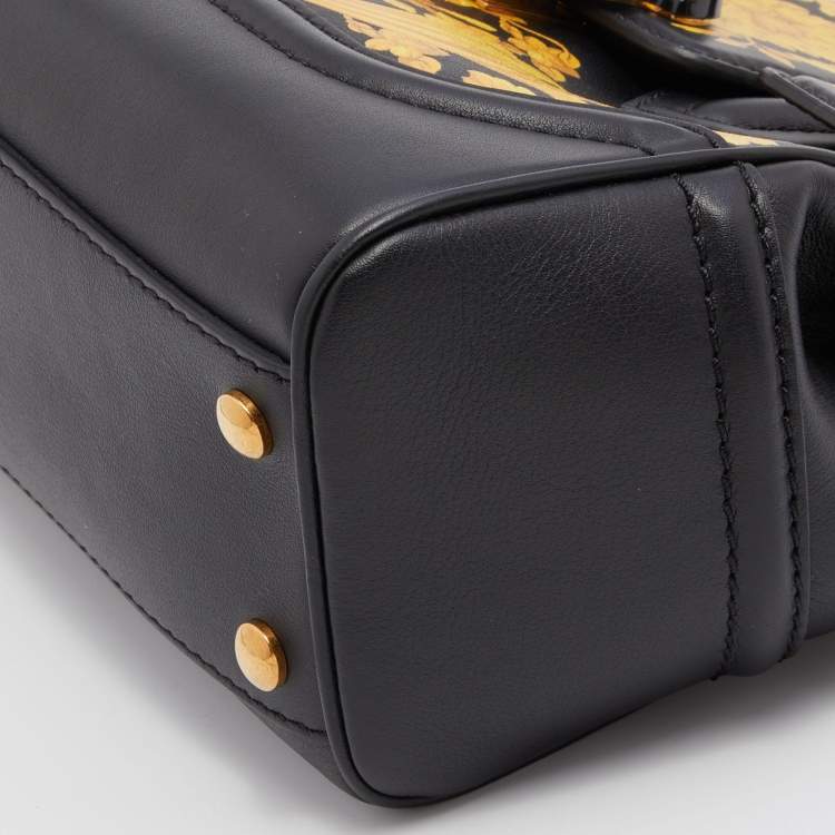 Pre Owned Versace Black/Yellow Baroque Print Leather Palazzo Empire Satchel