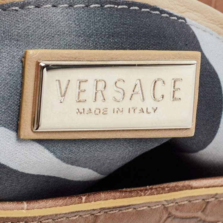 Pre Owned Versace Beige Croc Embossed and Patent Leather Cut Out Chain Hobo