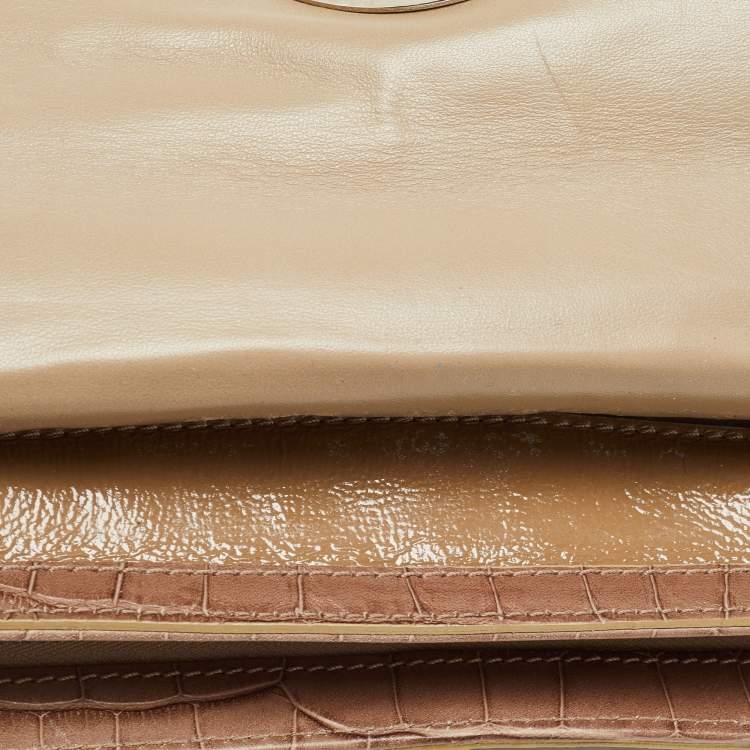 Pre Owned Versace Beige Croc Embossed and Patent Leather Cut Out Chain Hobo