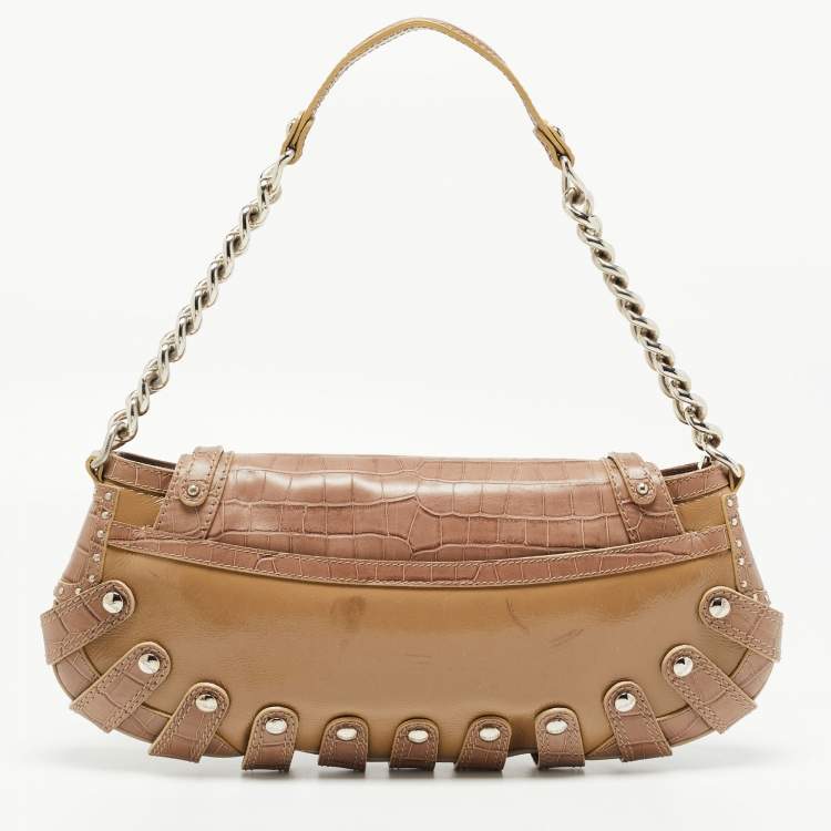 Pre Owned Versace Beige Croc Embossed and Patent Leather Cut Out Chain Hobo