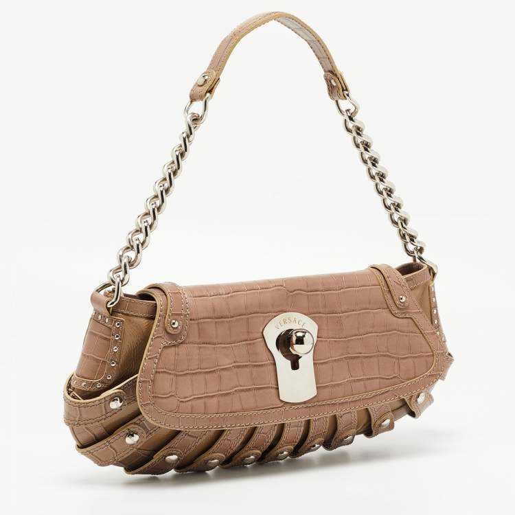 Pre Owned Versace Beige Croc Embossed and Patent Leather Cut Out Chain Hobo