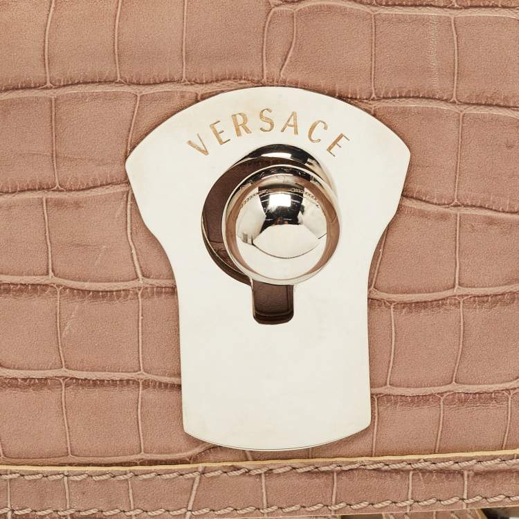 Pre Owned Versace Beige Croc Embossed and Patent Leather Cut Out Chain Hobo