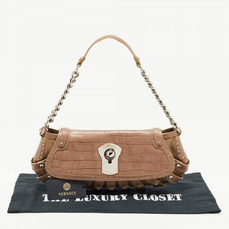 Pre Owned Versace Beige Croc Embossed and Patent Leather Cut Out Chain Hobo