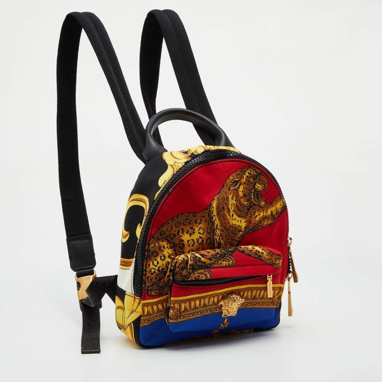 Pre Owned Versace Multicolor Printed Nylon and Leather Mini Medusa Pallazo Backpack