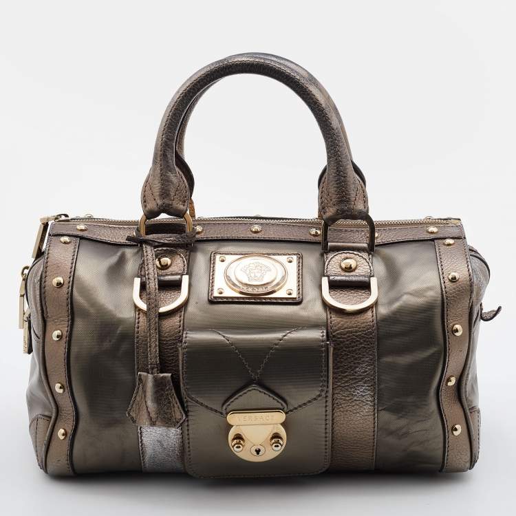Pre Owned Versace Metallic Coated Fabric and Leather Snap Out Of It Satchel