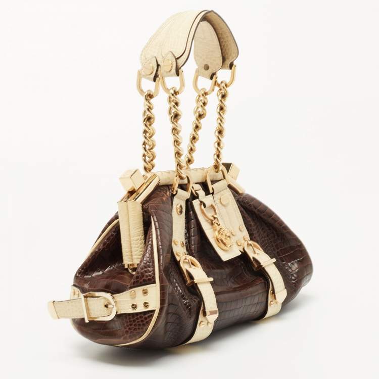 Pre Owned Versace Brown/Cream Croc Embossed Leather Madonna Satchel