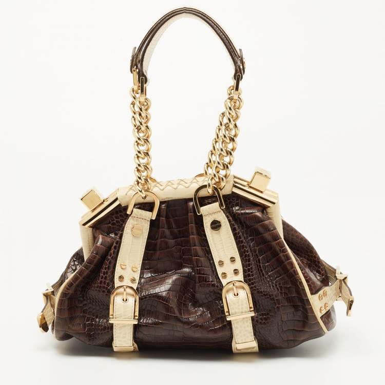Pre Owned Versace Brown/Cream Croc Embossed Leather Madonna Satchel