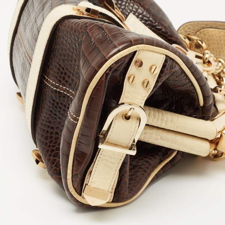 Pre Owned Versace Brown/Cream Croc Embossed Leather Madonna Satchel