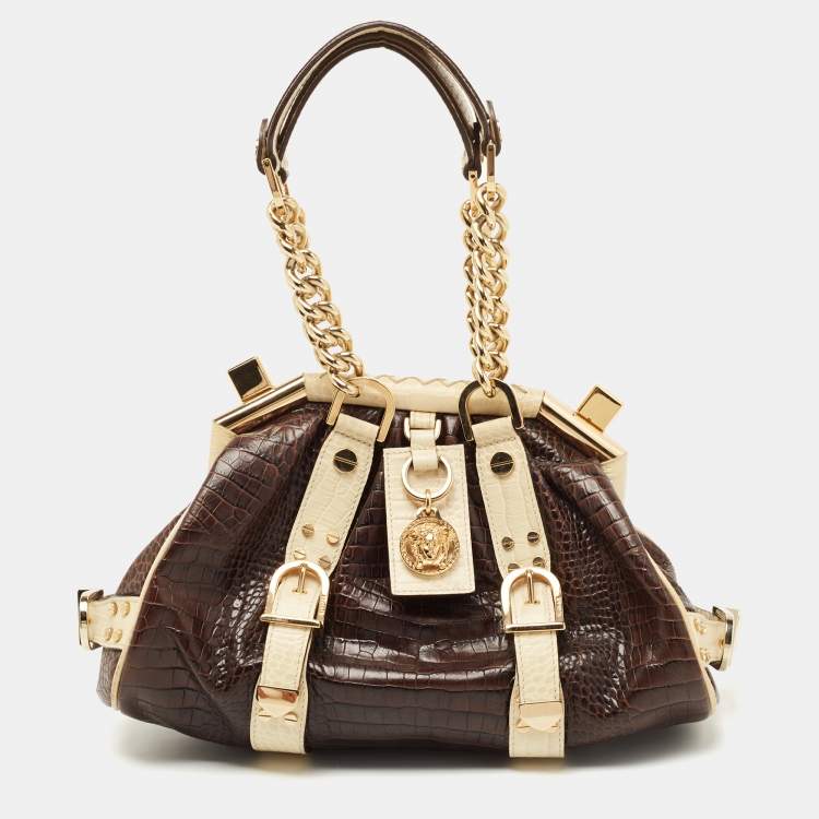 Pre Owned Versace Brown/Cream Croc Embossed Leather Madonna Satchel