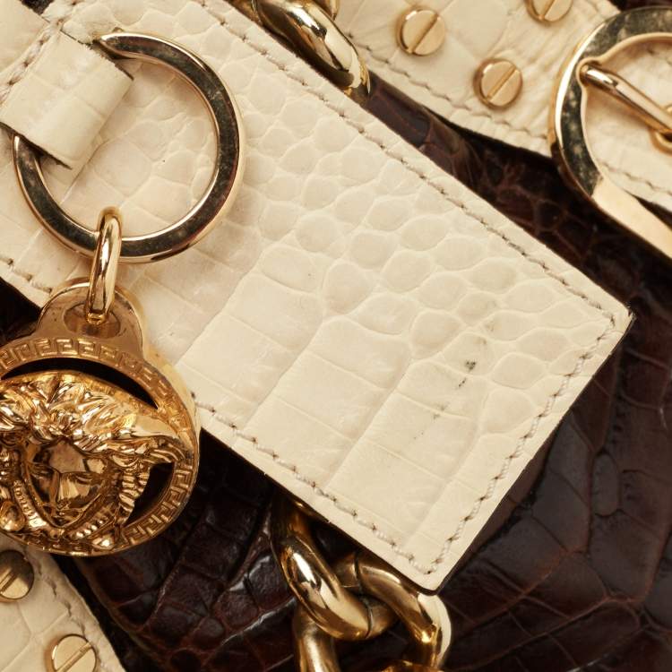 Pre Owned Versace Brown/Cream Croc Embossed Leather Madonna Satchel